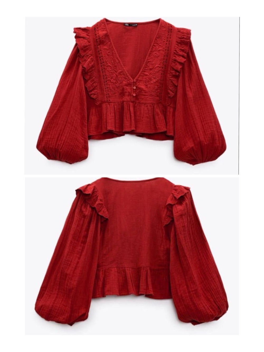Zara Red Embroidered Frilled Ruffle V-neck Flare Cropped Top Blouse Size XS